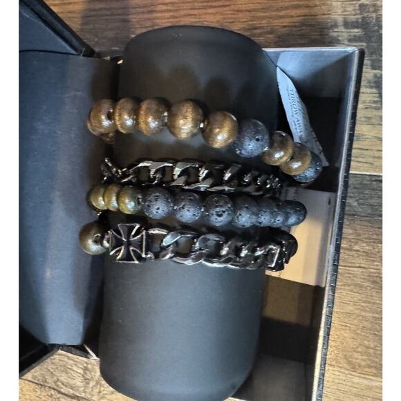 American Exchange Mens 4 Bracelet Set New Black Brown - Picture 4 of 5